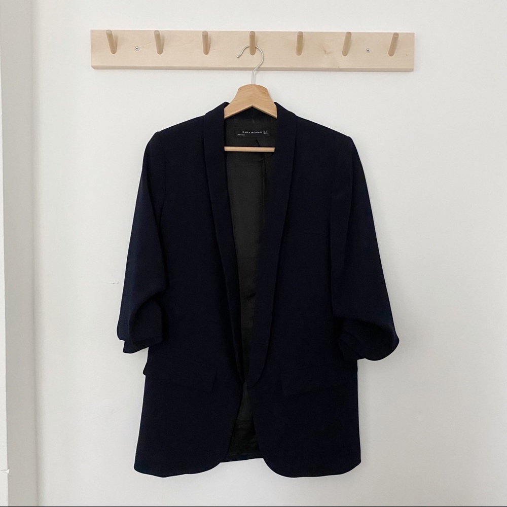 Zara Navy Crepe Sleeve Blazer